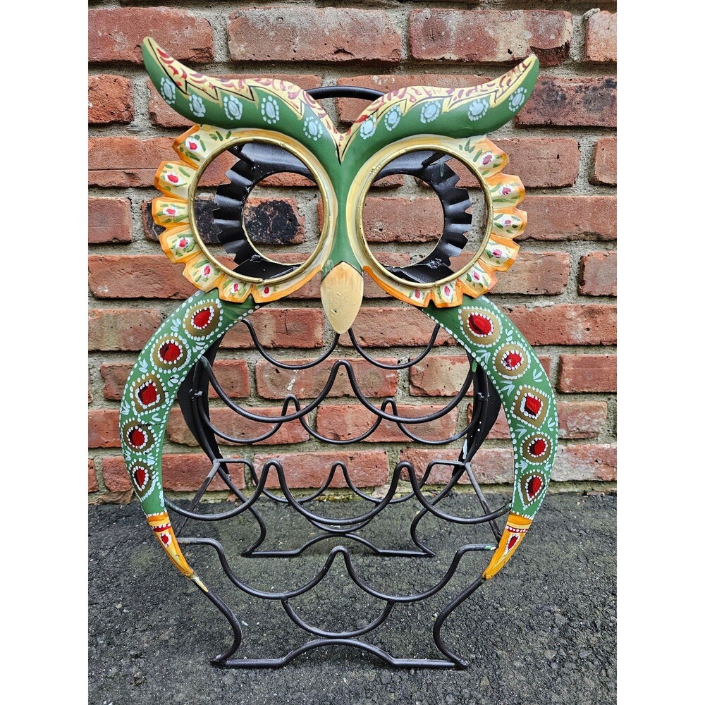 Vintage Owl Metal Wine Rack 9 Bottle Holder Hand Painted 20x15" - Picture 4 of 5